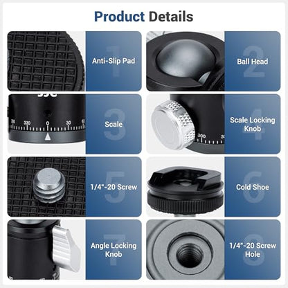 JJC Mini Ball Head, Ballhead Tripod Mount Adapter Converter for Tripod Monopod Camera LED Light Microphone, Cold Shoe Tripod Mount Adapter for Photography, 1/4''-20 to Cold Shoe Mount Adapter