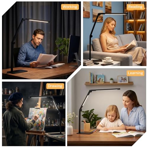 LED Desk Lamp for Home Office with Base, Dimmable Eye Care Architect Desk Light, Adjustable Swing Arm Dual-Light Lighting for Computer Monitor Work Desk Light, Reading, Study & Workbench