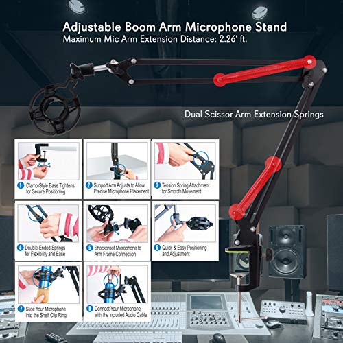 Pyle Suspension Boom Mic Stand with Shock Mount – Adjustable Desktop Mic Stand Boom Arm with Clamp, XLR Cable, Mic Clips – Heavy-Duty Microphone Stand for Podcast, Studio, Streaming, Broadcasting