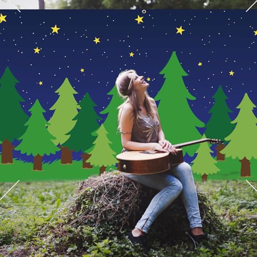 Teenyyou 10 x 30 ft Enchanted Forest Camping Backdrop Forest Night Scene Camping Background Supplies Photography Background for Theme Party Photo Banner Decoration - size: 10 x 30 ft