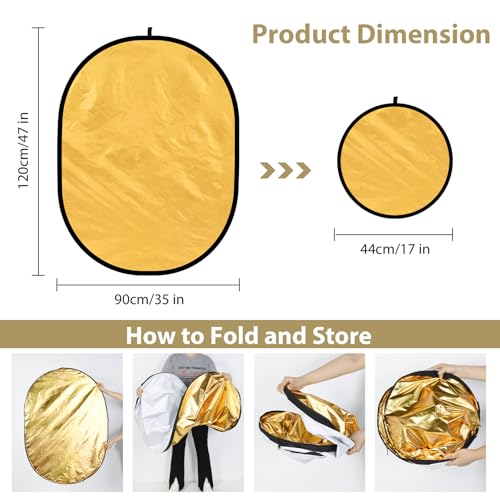 UTEBIT 35"x47" Photography Reflector with Stand, Include Clamp&Carrying Bag | 5-in-1 Oval Foldable Reflector, Translucent/Silver/Gold/White/Black Photography Reflector for Studio&Outdoor Lighting - size: 35x47 Inch