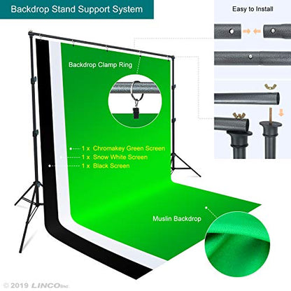 LINCO Lincostore 2000 Watt Photo Studio Lighting Kit with 3 Color Muslin Backdrop Stand Photography Flora X Fluorescent 4-Socket Light Bank and Auto Pop-Up Softbox - Only Takes 3 Seconds to Set-up