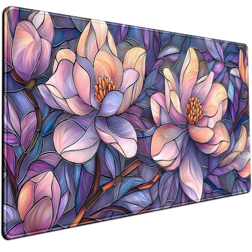 Floral Desk Mat Gaming Large Mouse Pad Desk Keyboard Pad, Long Computer Mat Faux Stained Glass Artistic Patterns Mouse Mat, Aesthetic Floral Purple & Pink Desk Protector Office Decor 31.5" X 15.7" - color: Purple