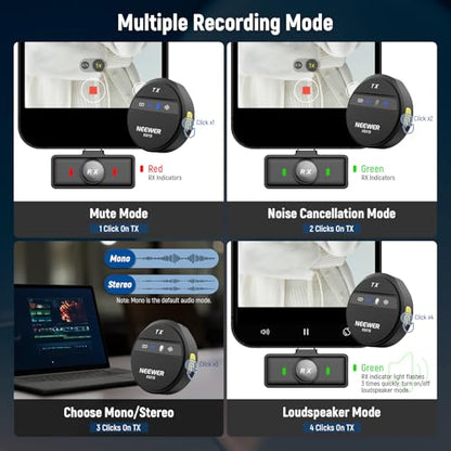 NEEWER Wireless Lavalier Microphone System Compatible with iPhone Android Phone PC Laptop Computer, Noise Cancelling Mini Lapel Mic Set with USB C OTG Charging Case 24H Battery 200m Long Range, KM18