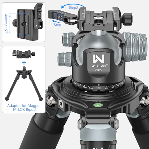 WEYLLAN CH55 Arca Ball Head Mount with Lever Release, 55mm Low Profile Heavy Duty Tripod Ball Head with Mlok Rail Arca Swiss Quick Release Plate for Hunting & Photography, Camera Head Load 88lbs/40kg