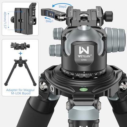 WEYLLAN CH55 Arca Ball Head Mount with Lever Release, 55mm Low Profile Heavy Duty Tripod Ball Head with Mlok Rail Arca Swiss Quick Release Plate for Hunting & Photography, Camera Head Load 88lbs/40kg