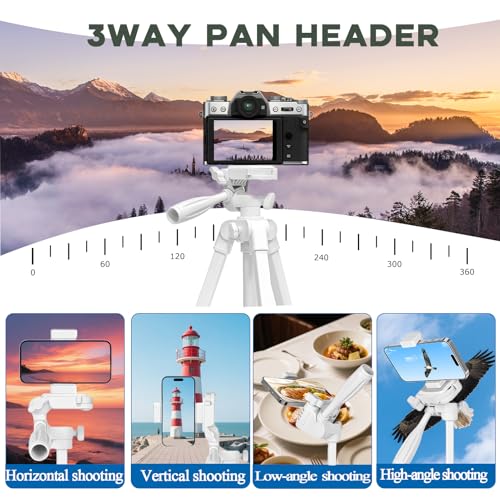 White Lightweight Tripod - 17" to 57" Adjustable Height with 360° Pan Head, Universal 1/4" Screw for Smartphone/DSLR/Camera/Projector - Ideal for Vlogging/Photography/Travel/Live Streaming