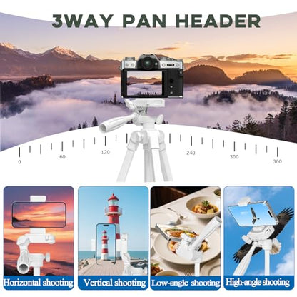 White Lightweight Tripod - 17" to 57" Adjustable Height with 360° Pan Head, Universal 1/4" Screw for Smartphone/DSLR/Camera/Projector - Ideal for Vlogging/Photography/Travel/Live Streaming
