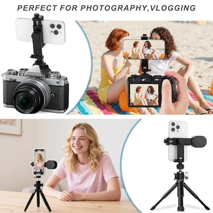 Universal Cell Phone Tripod Mount Adapter, Camera Hot Shoe Phone Holder Clamp with 360 Rotation Bracket 1/4" Screw Hole for Canon Nikon Sony DSLR iPhone Android - color: Black-with cold shoe