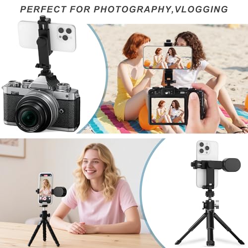 Universal Cell Phone Tripod Mount Adapter, Camera Hot Shoe Phone Holder Clamp with 360 Rotation Bracket 1/4" Screw Hole for Canon Nikon Sony DSLR iPhone Android - color: Black-cold shoe