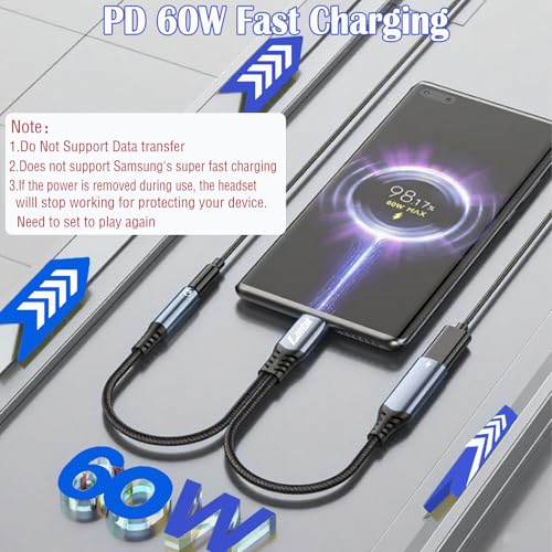 USB C to Headphone Jack Adapter and Charger,2 in 1 USB C to 3.5mm Audio Adapter with PD 60W Fast Charging Dongle Cable Cord for iPhone16/15 Pro Max,Samsung GalaxyS25-S21,Google Pixel8/7,iPad Pro - style: 2 in 1 Adapter and Charger