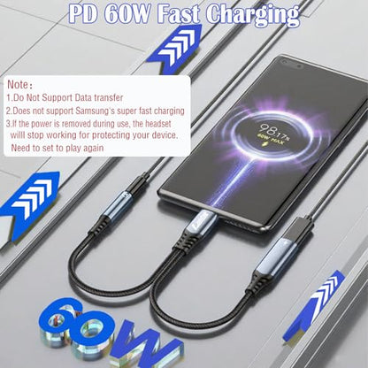 USB C to Headphone Jack Adapter and Charger,2 in 1 USB C to 3.5mm Audio Adapter with PD 60W Fast Charging Dongle Cable Cord for iPhone16/15 Pro Max,Samsung GalaxyS25-S21,Google Pixel8/7,iPad Pro - style: 2 in 1 Adapter and Charger