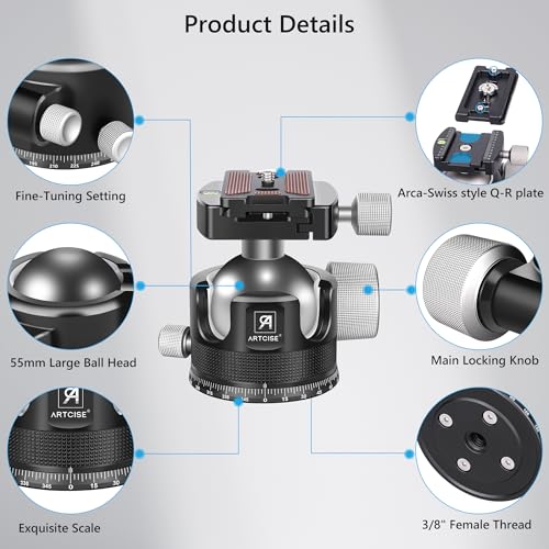 55mm Low Profile Ball Head Tripod Ball Head ARTCISE KB55 Heavy Duty Tripod Head All Metal CNC Machining with Three 1/4" Quick Release Plates for Tripod, Monopod, DSLR, Camcorder, Max Load 88lbs /40kg