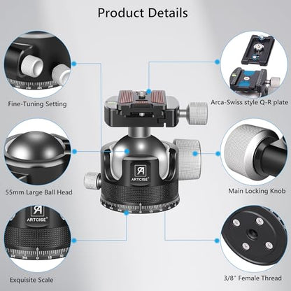 55mm Low Profile Ball Head Tripod Ball Head ARTCISE KB55 Heavy Duty Tripod Head All Metal CNC Machining with Three 1/4" Quick Release Plates for Tripod, Monopod, DSLR, Camcorder, Max Load 88lbs /40kg