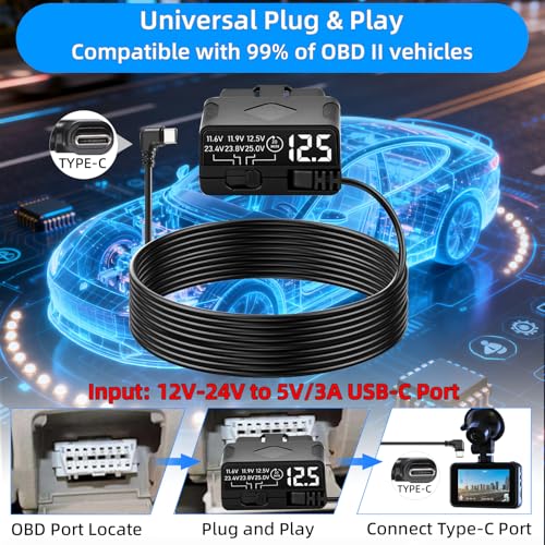 OBD2 to USB C Power Cable for Dash Cam, Plug and Play Dashcam Hardwire Kit with LED Voltmeter, 4-Level Low Voltage Protection (11.6V/11.9V/12.5V/20min), 12V-24V to 5V/3A for Parking Mode, 11.5ft/3.5M