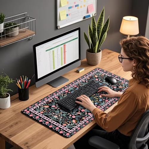 Black Floral Desk Mat, 31.5"x15.7" Large Mouse Pad, Anti-Slip Rubber Base Mousepad, Keyboard Pad with Stitched Edges, Water-Resistant Smooth Desk Blotter, Computer Mat for Home Office Desk - color: Black Floral