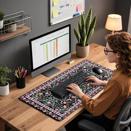 Black Floral Desk Mat, 31.5"x15.7" Large Mouse Pad, Anti-Slip Rubber Base Mousepad, Keyboard Pad with Stitched Edges, Water-Resistant Smooth Desk Blotter, Computer Mat for Home Office Desk - color: Black Floral