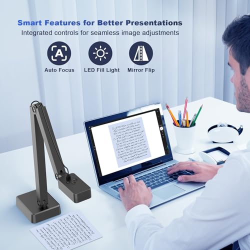 4K Document Camera for Teacher and Classroom, 8MP USB Webcam & Visualiser | A4 A3 Document, Doc Cam with Foldable Alloy Stand, Auto focus, LED Light & Mic, Work with Zoom, Mac, Windows, Chromebook