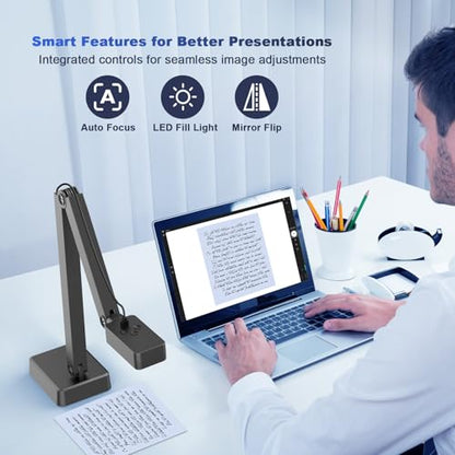 4K Document Camera for Teacher and Classroom, 8MP USB Webcam & Visualiser | A4 A3 Document, Doc Cam with Foldable Alloy Stand, Auto focus, LED Light & Mic, Work with Zoom, Mac, Windows, Chromebook