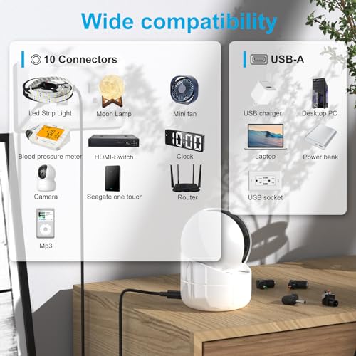USB to DC 5V Power Cable 5.5x2.1mm Universal 10 Connector Tips Kit