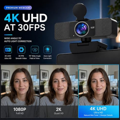 4K Webcam for PC with Dual Microphones,UHD 30fps Web Camera,Autofocus USB Webcam with Privacy Cover,Tripod, Plug & Play Camera for Zoom, Teams, Skype, Streaming, Laptop & Desktop
