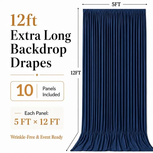 50ft x 12ft Navy Blue Backdrop Curtains, Wrinkle Free Thick Fabric Polyester Curtains Backdrop Drapes Cover for Parties Wedding Birthday Photography Background, 10 Panels 5ft x 12ft - color: Navy blue, size: 50FT(W) x 12FT(H)