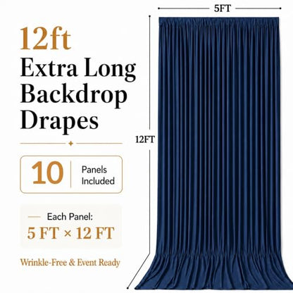 50ft x 12ft Navy Blue Backdrop Curtains, Wrinkle Free Thick Fabric Polyester Curtains Backdrop Drapes Cover for Parties Wedding Birthday Photography Background, 10 Panels 5ft x 12ft - color: Navy blue, size: 50FT(W) x 12FT(H)