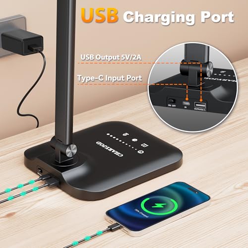 CHARYJOD LED Desk Lamp for Office Home, Height Adjustable Architect Desk Light with USB Adapter, Stepless Dimming Desk Lamp Light for Reading, Study, Workbench - color: Black
