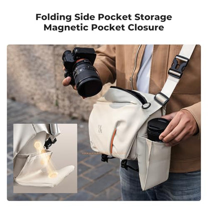 K&F CONCEPT Camera Sling Bag, Lightweight Camera Bag for Mirrorless/DSLR, Foldable Side Pocket & Quick-Access Front Pocket, Adjustable Divider, Camera Bags for Photographers, White, 7L - color: White