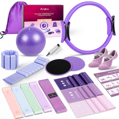 Pilates Kit for Women, 18-Piece Home Pilates Equipment Set with 14" Pilates Ring, Mini Ball, Ankle & Wrist Weights, 8 Resistance Bands, Sliders & Grip Socks