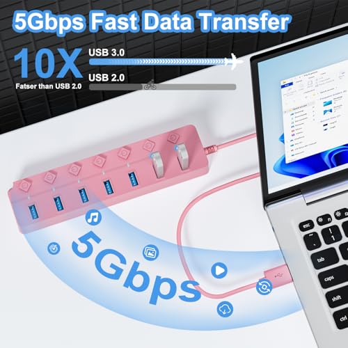 ONFINIO USB Hub 3.0, 7-Port USB Hub Splitter with Individual On/Off Switches and Lights, 3.2ft/1m Long Cable Compatible with MacBook, Laptop, Surface Pro, PS4, PC, Flash Drive, Mobile HDD-Pink - color: Pink