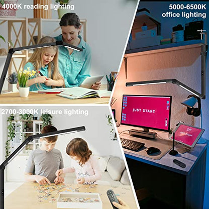 LED Desk Lamp with Clamp, Architect Desk Lamp for Home Office with Remote Control, Swing Arm Clamp on Computer Light, Clip-on Eye-Care Adjustable 5 Brightness Levels Table Light for Working Drafting - color: Black+Remote
