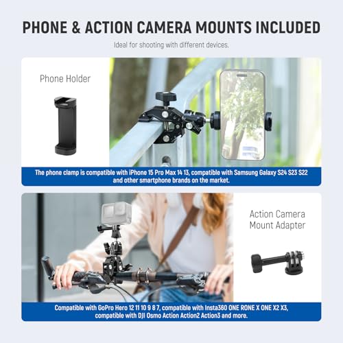 NEEWER ST87 Super Clamp Camera Mount with 360° Ball Head, Phone Holder, Cold Shoe, Action Camera Adapter for Bike Handlebar Pole Desk, Compatible with DJI Osmo Pocket 4 3 Xtra Muse GoPro Hero iPhone