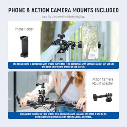 NEEWER ST87 Super Clamp Camera Mount with 360° Ball Head, Phone Holder, Cold Shoe, Action Camera Adapter for Bike Handlebar Pole Desk, Compatible with DJI Osmo Pocket 4 3 Xtra Muse GoPro Hero iPhone