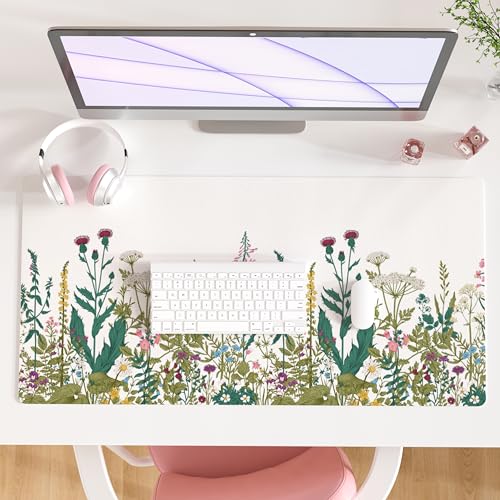 QIYI Large Mouse Pad, Floral Desk Mat for Desktop, Wildflowers Herbs PU Leather Waterproof Gaming Mousepad, Computer Laptop Desk Accessories Protector Writing Pads for School Office Home 31.5" x 15.7" - color: Herbs Flowers, size: 31.5" x 15.7"