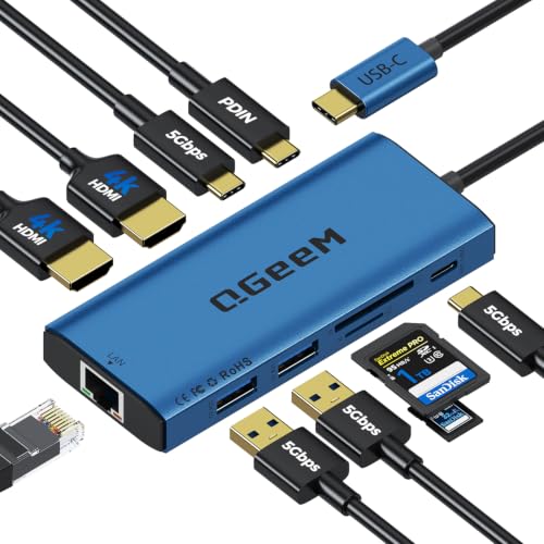 USB C Hub,10 in 1 Laptop Docking Station 2x4K@60Hz,Type-C Multiport Adapter with Dual HDMI,PD100W,5Gbps Data Ports,Extender Splitter,Card Reader,Ethernet Dock for Mac/Dell/HP/Surface/Steam Deck - color: Blue