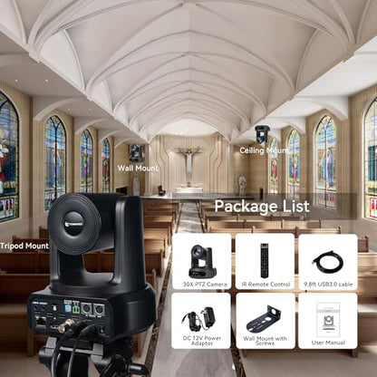 TONGVEO AI Auto-Tracking IP PTZ Camera SDI/HDMI/USB3.0/LAN PoE 30X Optical + 8X Digital Zoom 1080P 60fps for Live Streaming Church Services Education Video Conference with OBS vMix and More - color: Onyx