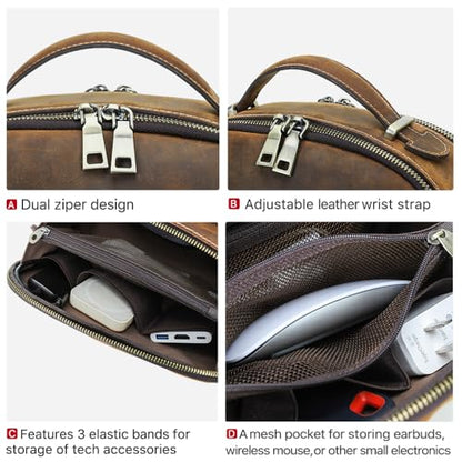 CONTACTS Full Grain Leather Tech Organizer Travel Case for Electronics Accessories Portable Cable Organizer Pouch with Handle, Storage Bag for Charger, Cables, Power Bank, Mouse