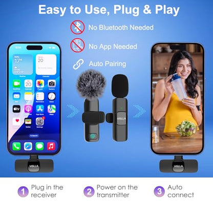 Vislla Mini Microphone for iPhone & Android,11H Battery, Noise Cancelling Wireless Lavalier Mic, Clip On Lapel Mic Pro for Content Creator Vlogging/YouTube/Tiktok/Video Recording/Streaming/Interview