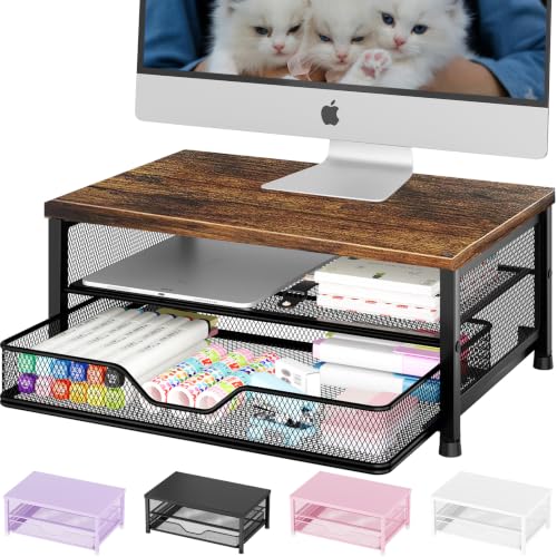 OPNICE Computer Monitor Stand Riser, Desk Organizer with Drawer, Printer & Laptop Stand, Office Desk Accessories & Workspace Desktop Organizers Storage for Office Supplies(Brown) - color: Brown, size: With Drawer
