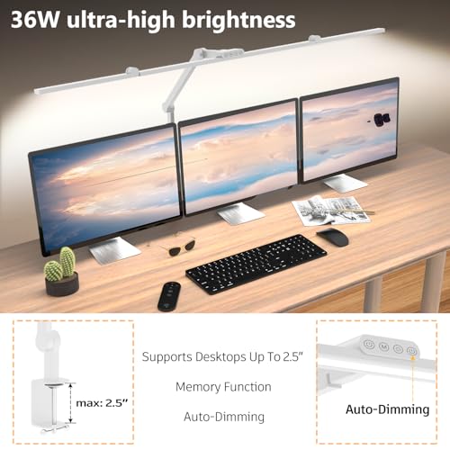 EPABINA 36W Ultra Bright Architect Desk Lamp with Clamp, Tall Overhead Rotatable Led Desk Light for Home Office, 47Inch Long Adjustable Monitor Light Bar with Remote for Computer Screen Desktop Table - color: White
