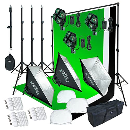 LINCO Lincostore 2000 Watt Photo Studio Lighting Kit with 3 Color Muslin Backdrop Stand Photography Flora X Fluorescent 4-Socket Light Bank and Auto Pop-Up Softbox - Only Takes 3 Seconds to Set-up