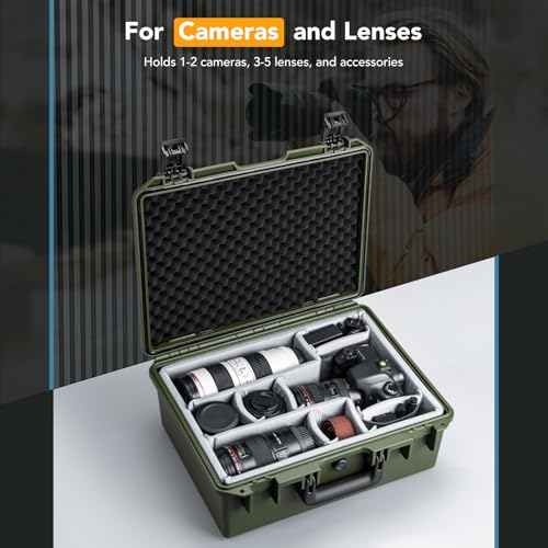Lykus PVC1 Waterproof Hard Camera Case with Padded Dividers for Cameras, Lenses, Dual DJI Mavic/Air/Mini/Flip drones - color: Green PVC1