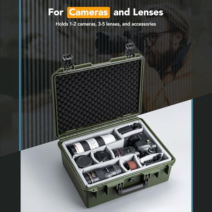 Lykus PVC1 Waterproof Hard Camera Case with Padded Dividers for Cameras, Lenses, Dual DJI Mavic/Air/Mini/Flip drones - color: Green PVC1