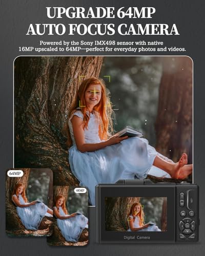 4K Digital Camera for Beginners & Teens, Autofocus Vlogging Camera with 180° Flip Screen, 18X Zoom, Easy-to-Use Compact Travel Camera, WiFi, 2 Batteries, 32GB Card - color: Black