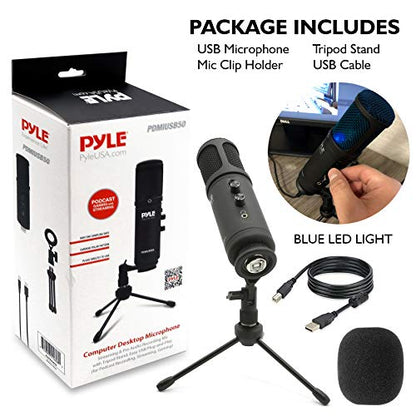 JOVIAL USB PC Recording Condenser Microphone - Blue LED, Adjustable Gain, Headphone Jack, Mute Control, Tripod Stand - Portable Pro Audio Condenser Desk Mic for Podcast Streaming Gaming