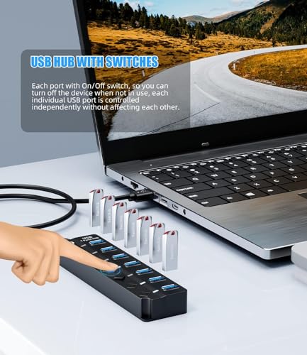 Eanetf USB 3.0 Hub, 7-Port with Individual On/Off Switches & LED Indicators, 5Gbps High-Speed Data Hub for Laptop, PC, MacBook, Surface Pro, PS5, HDD, Flash Drive (4ft Cable)