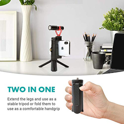 Movo TR-1 Compact Mini Tabletop Tripod/Hand Grip with 1/4" Screw and Folding Feet. Compatible with GoPro, DSLR, Camera, Osmo, Pocket Projector, Zoom - Perfect for Photography, Vlogging and YouTube