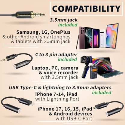 PowerDeWise Professional Grade Lavalier Clip On Microphone - Lav Mic for Camera Phone iPhone GoPro Video Recording ASMR - Small Noise Cancelling 3.5mm Tiny Shirt Microphone with Easy Clip On System - style: Wired Lapel Microphone Kit