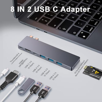 USB C Hub, 8 in 2 USB Adapter for MacBook Pro Air, Thunderbolt 4 Dock 100W PD, 40Gbps, 4K HDMI, USB C 3.0, 3 USB A 3.0, SD/TF Card Reader, Compatible with MacBook Pro Air M1/M2/M3/M4 - size: 9820 Gray